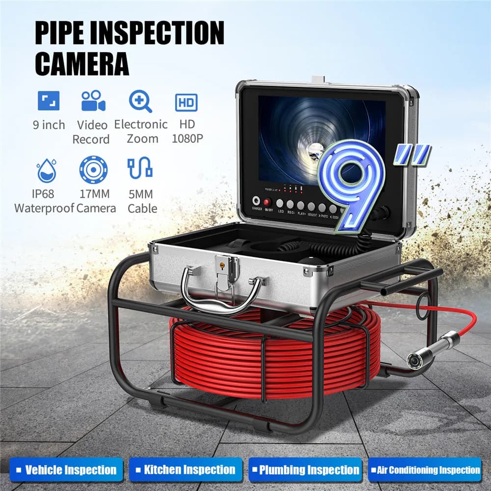 Caméra d'Inspection de Tuyaux, Endoscope Industriel avec Carte TF 16G, Enregistrement DVR, Moniteur
