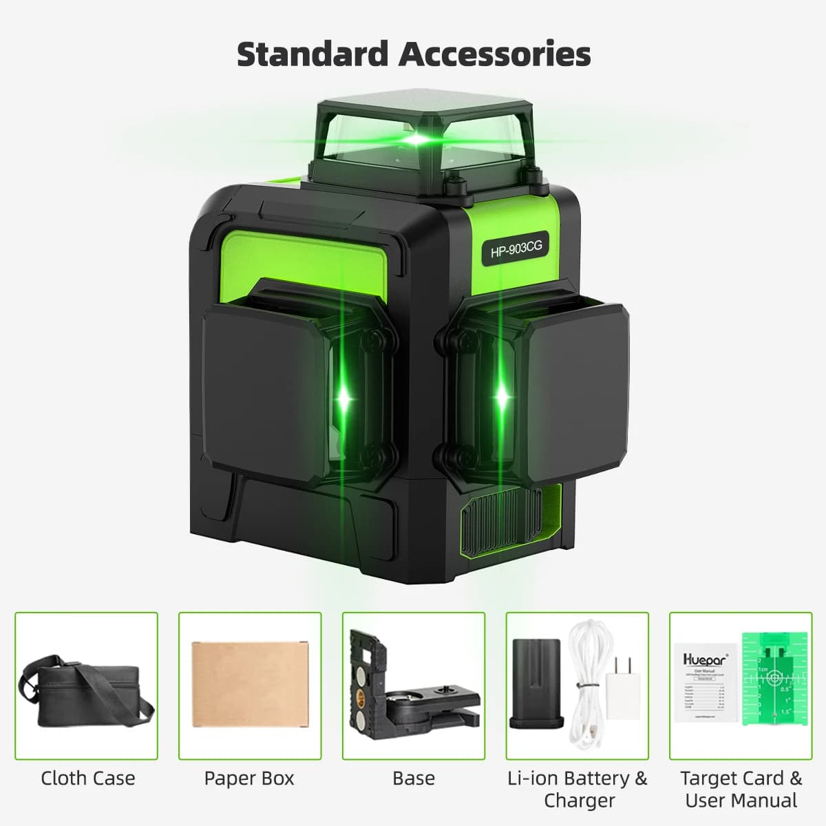 Huepar-Niveau laser professionnel 903CG, ligne croisée 3D, faisceau laser vert Osram, 12 lignes, 360