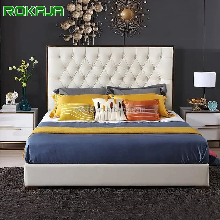 Ensemble de meubles de chambre à coucher d'hôtel, lit Double en cuir, lit rembourré français gris av