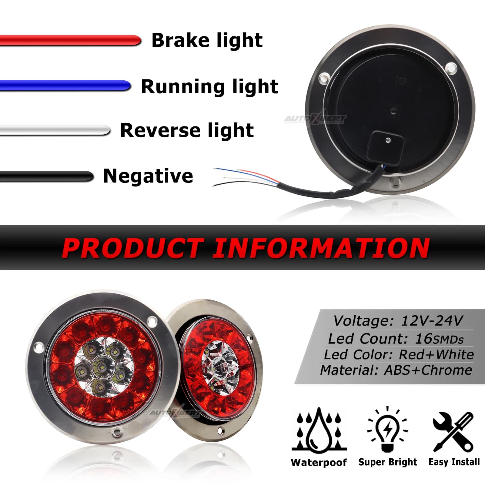 Paire de feux arrière ronds LED rouges 12-24V, feu arrière d'avertissement de freinage inversé pour
