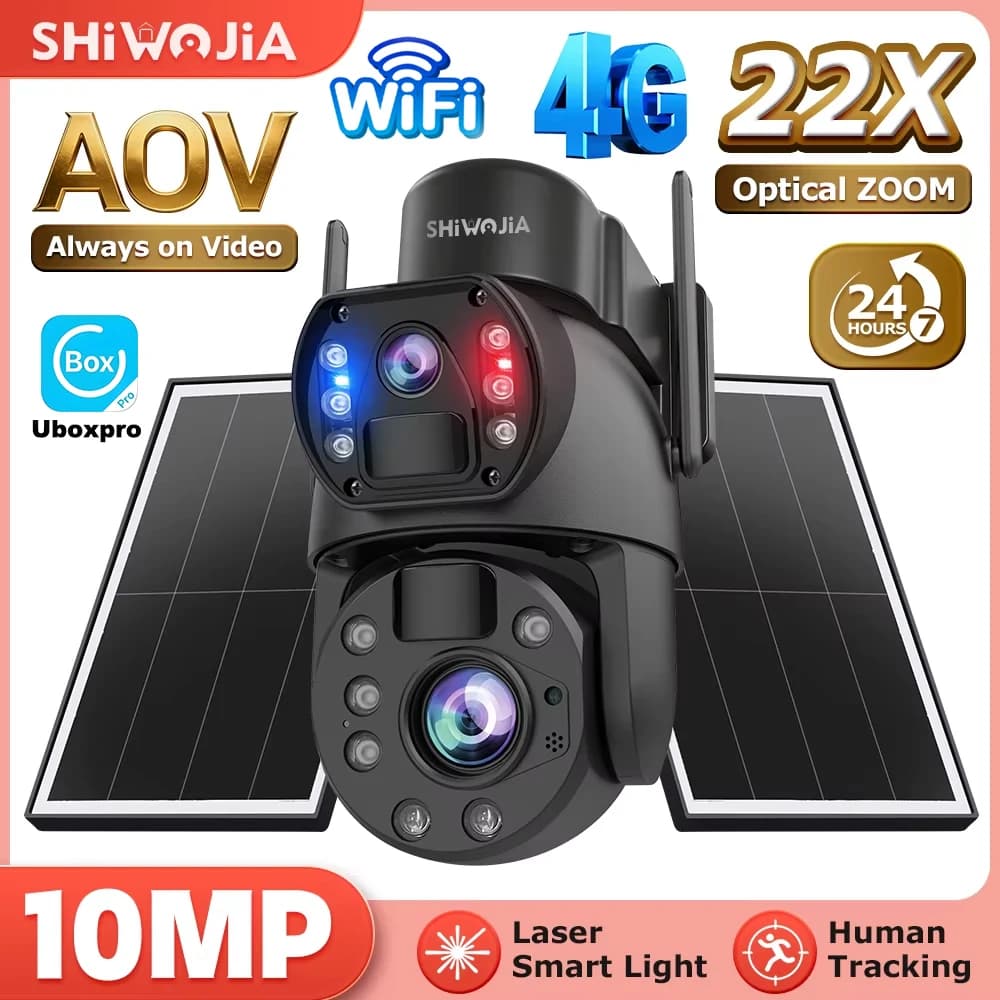 Caméra solaire SHIWOJIA 22X ZOOM 10MP AOV avec carte SIM 4G, enregistrement 24/7, caméra de surveill