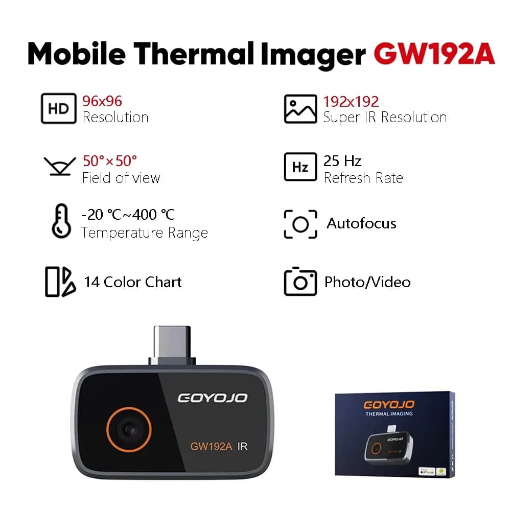 Caméra thermique GOYOJO GW192A pour iPhone et téléphone Android, caméra thermique infrarouge pour in