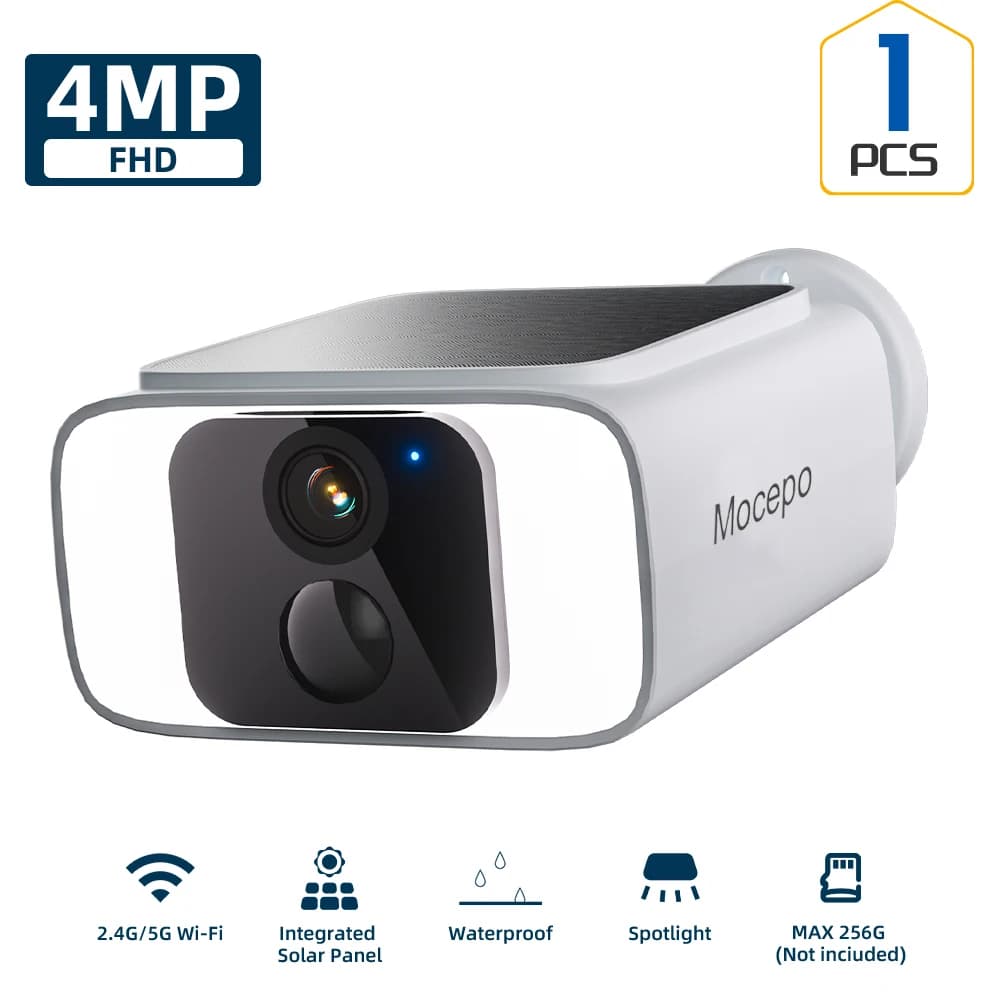 Caméra de sécurité solaire 2K 4MP sans fil pour extérieur avec WiFi 2,4 GHz et 5 GHz, surveillance i