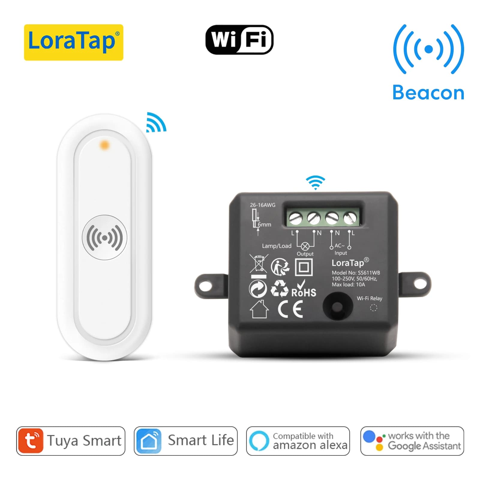 Module de prise sans fil LoraTap RF+WIFI 10A, application Tuya Smart Life, télécommande, commande vo