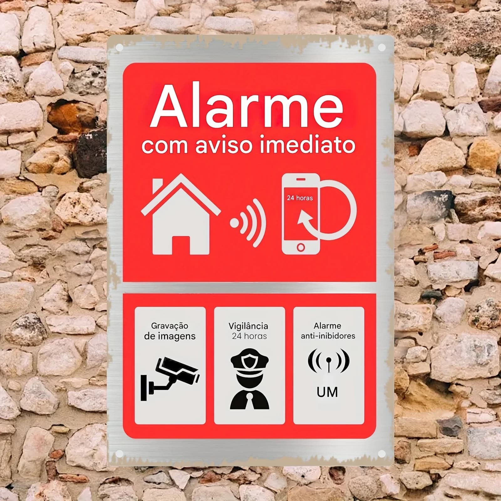 Panneau en métal vintage portugais « Alarme avec avertissement immédiat », décoration murale d'avert