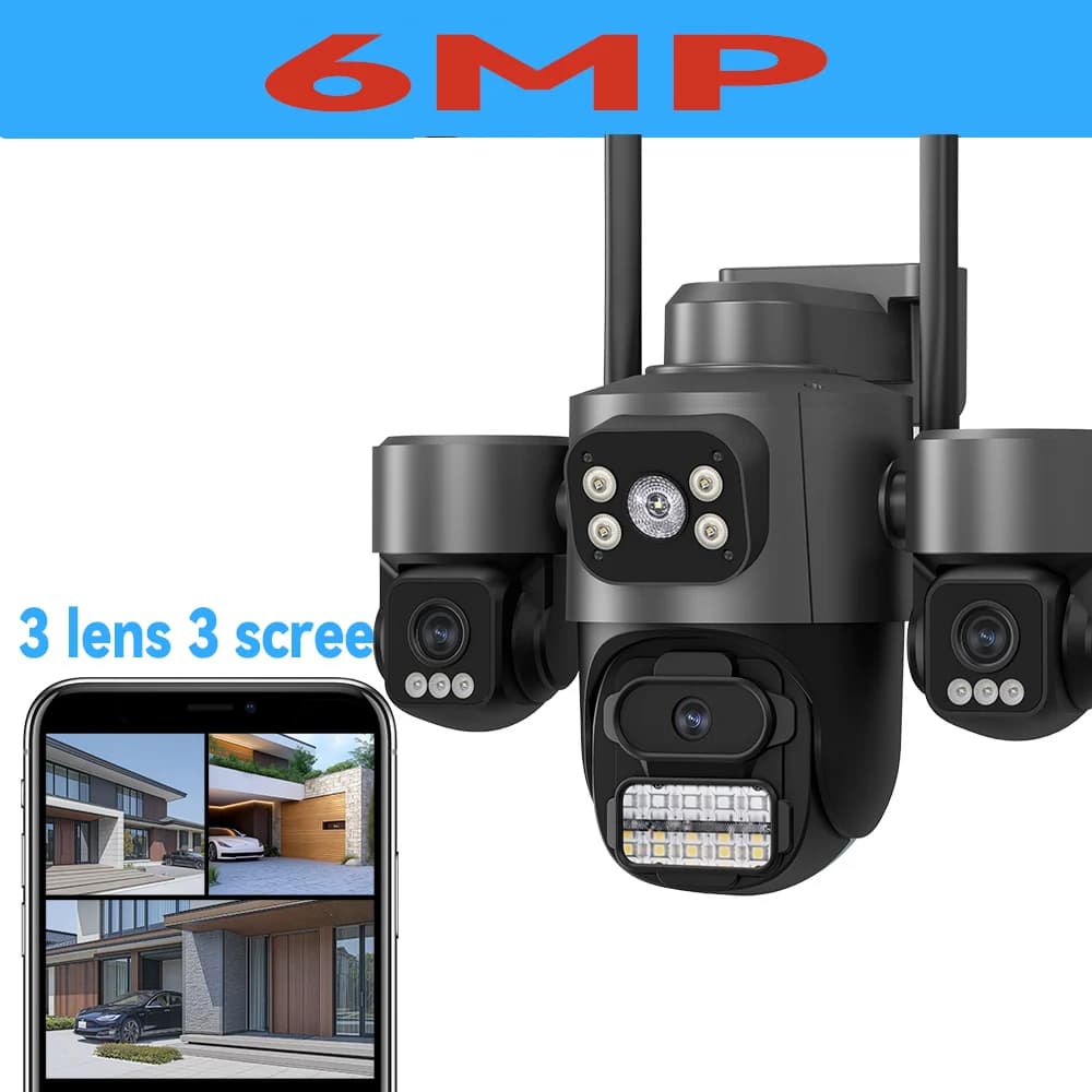 Caméra de sécurité WiFi ICsee 6K, trois écrans 12MP CCTV, triple objectif 6MP 360 ° Surveillance d