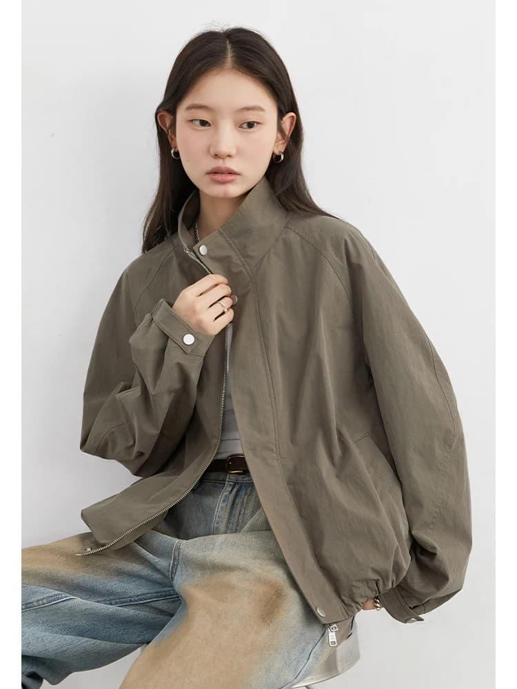 CHIC VEN Blouson court pour femme, style coréen, uni, décontracté, coupe ample, col montant, avec co