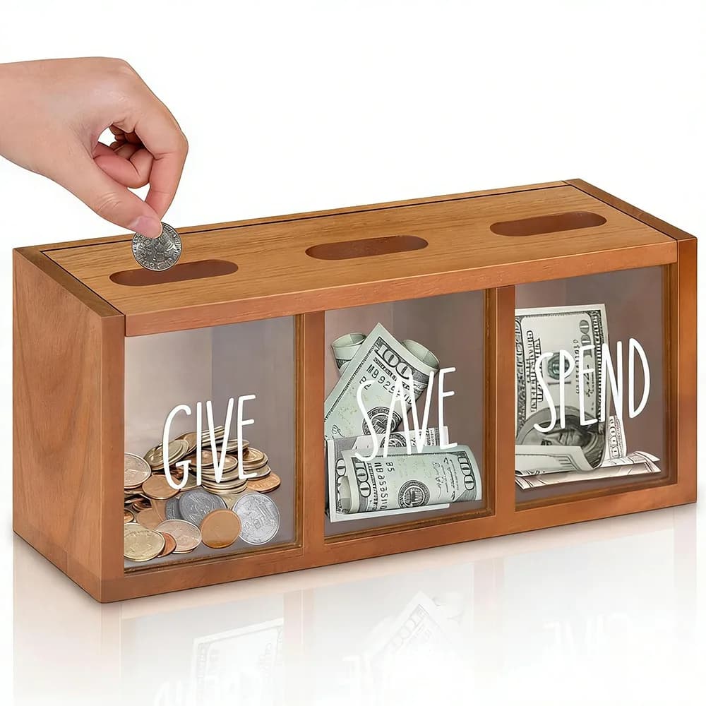 Nouvelle tirelire en bois avec 3 compartiments visibles, design mural, pour enfants