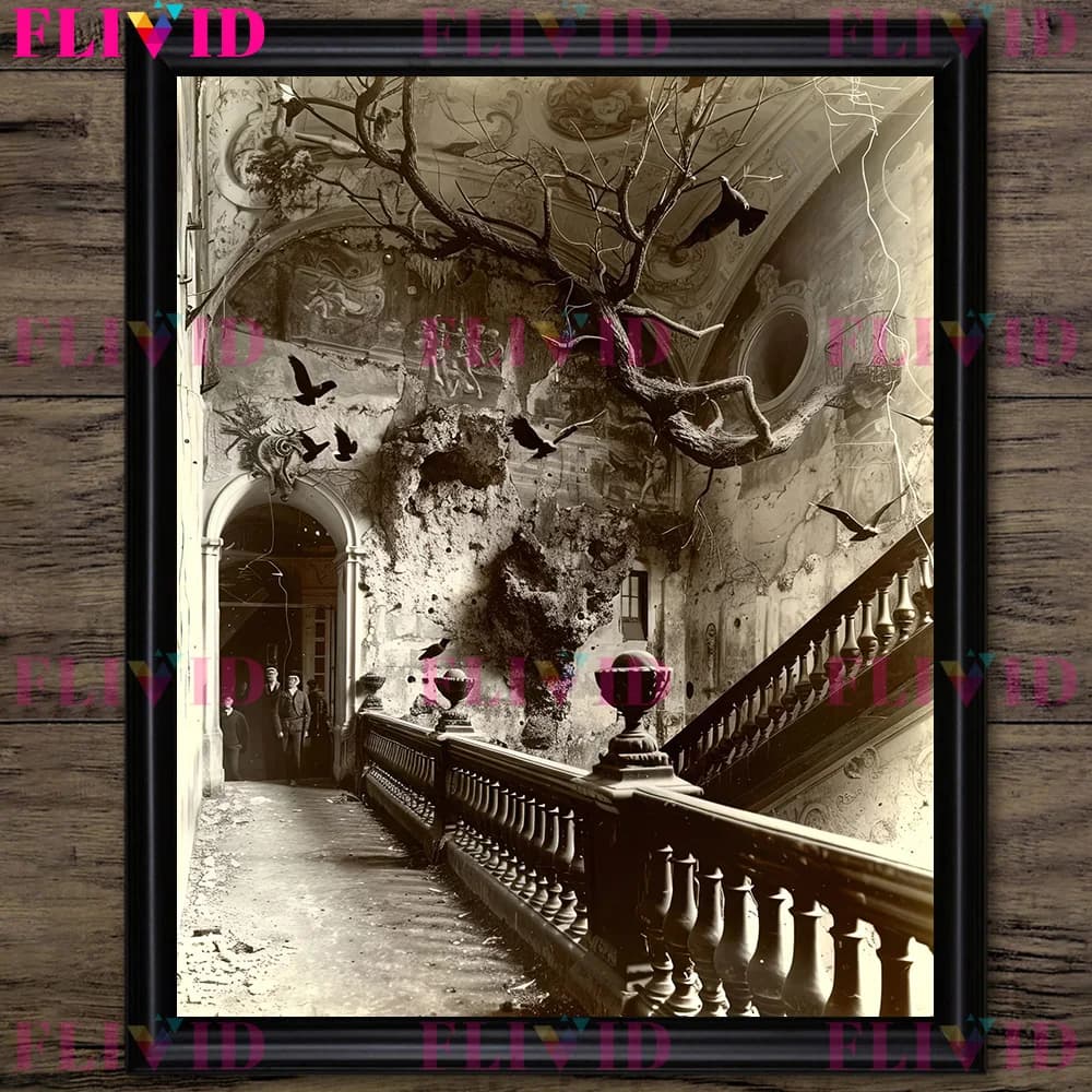 Peinture sur toile d'art mural de photographie vintage de maison hantée ruinée, impression d'affiche