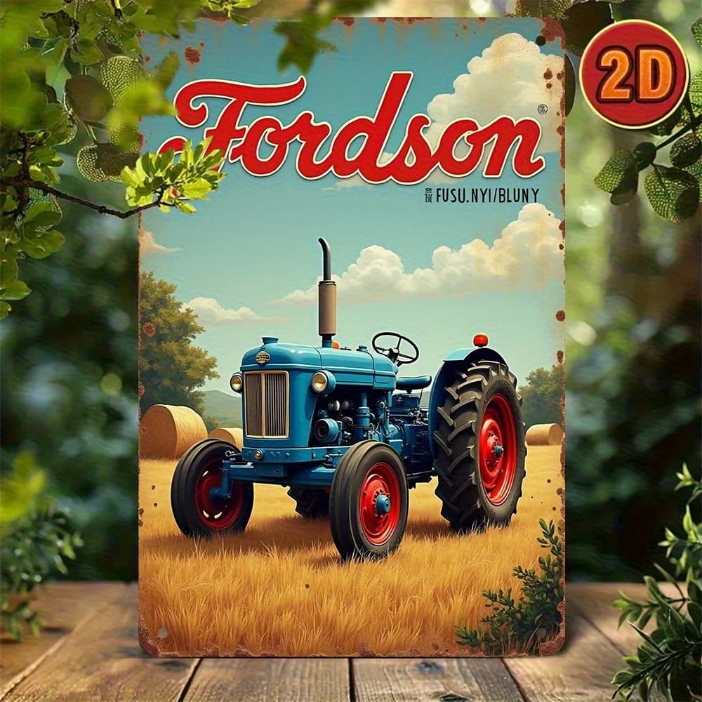 Panneau métallique en étain pour tracteur Fordson, art mural de ferme rustique, tracteur bleu et rou
