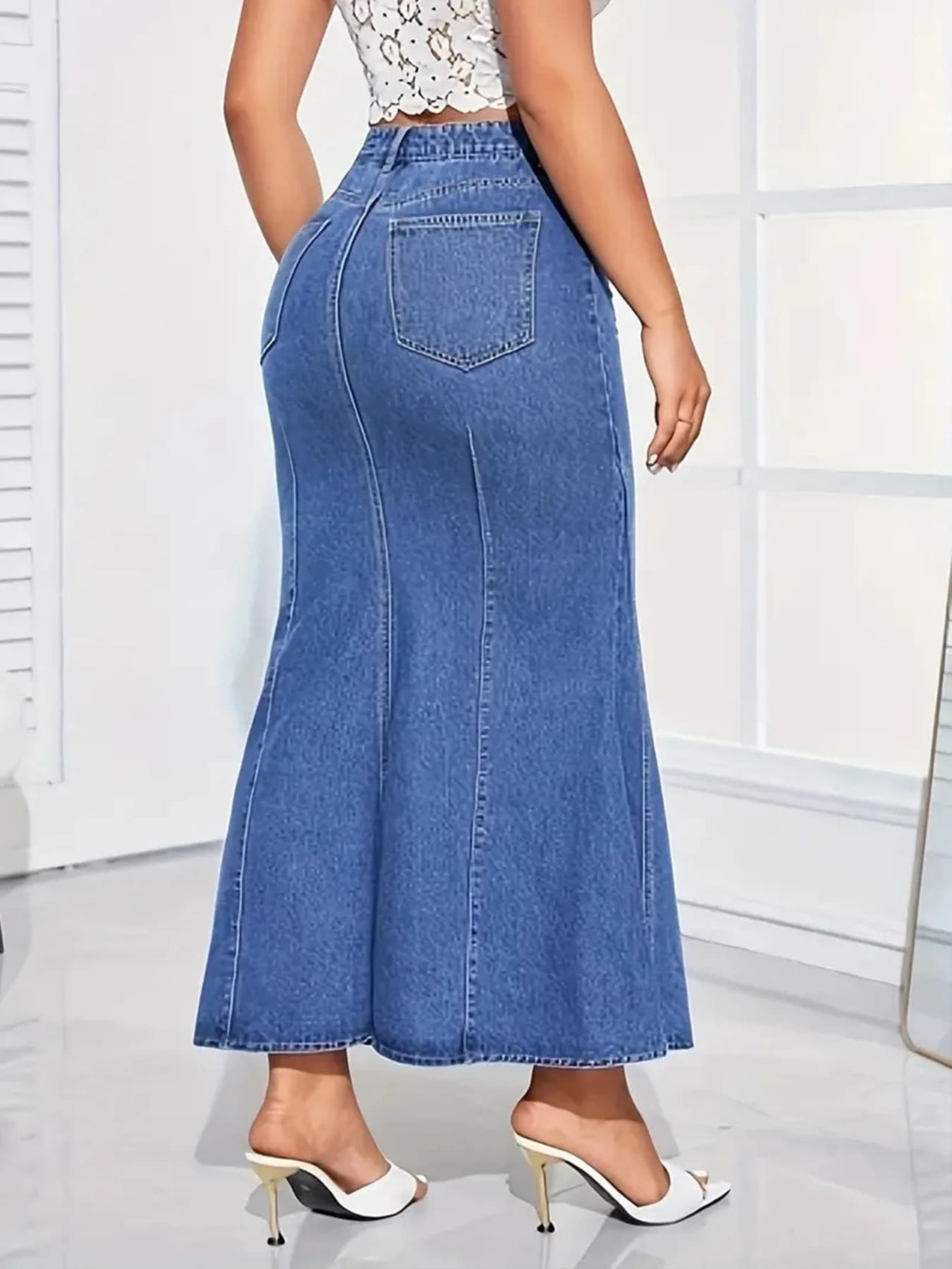 Jupe queue de poisson en jean rétro pour femmes, coupe ajustée, taille moyenne, élastique, demi-jupe