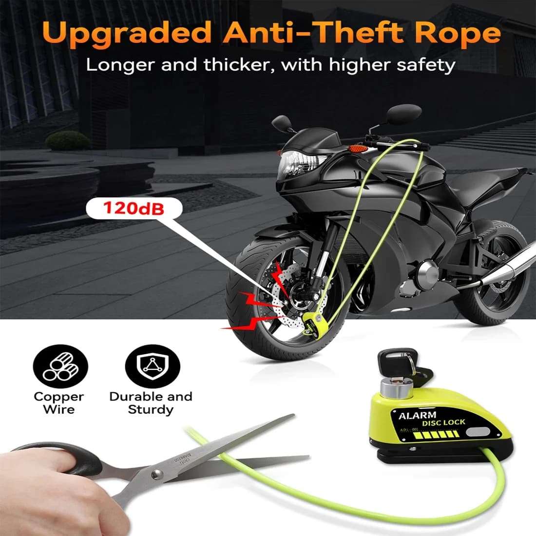 Anchtek-Cadenas de frein à disque d'alarme de moto, sécurité de roue de moto, étanche, 110dB, fort,