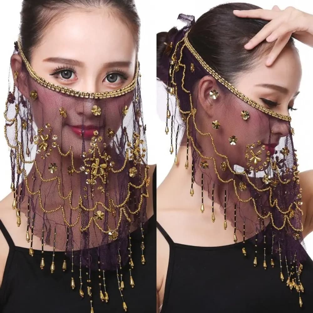 Couleur bleu lac avec perles mascarade fête danse du ventre voiles visage voile Costumes maille visa