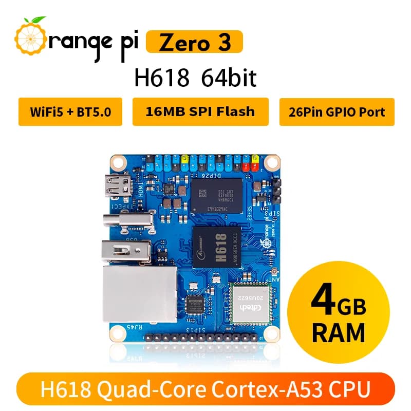 Orange Pi Zero3 4G RAM Allwinner H618 64 bits USB2.0 WiFi5 + BT 5.0 Gigabit LAN Port Mini PC Open So