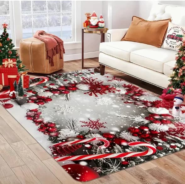 Tapis de zone de flocon de neige pour maison de noël, rouge avec flocons de neige dorés et blancs, d