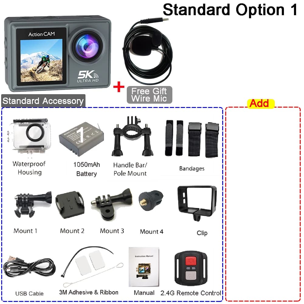 Caméra d'action 5K 4K60FPS double IPS tactile LCD DVR EIS 170 ° Caméra de sport étanche 30M, zoom