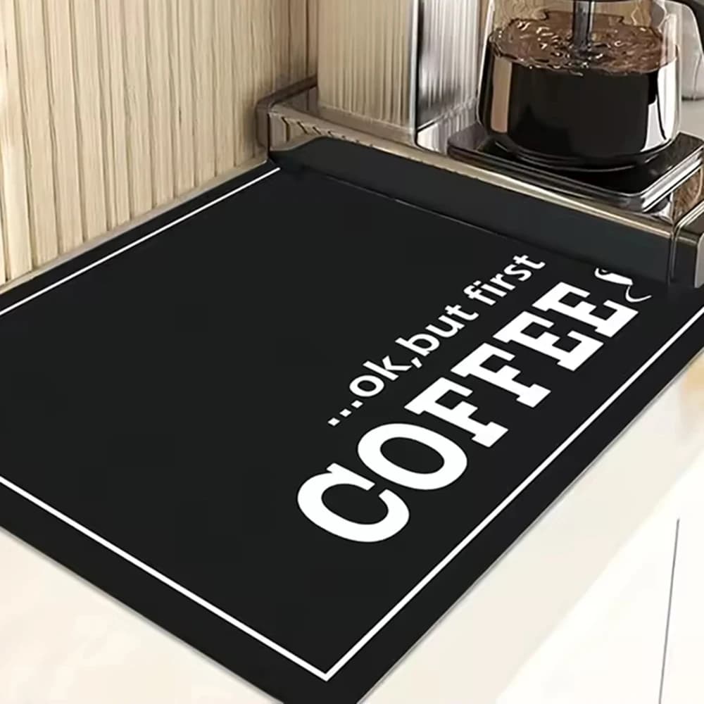 Tapis de machine à café imprimé avec lettres noires, style minimaliste moderne, pour comptoir de cui
