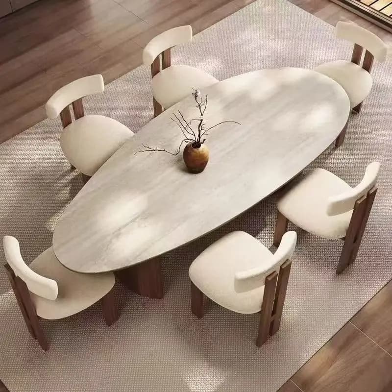 Table à manger en forme de goutte d'eau, style médiéval français, dalle de roche travertin, bois mas