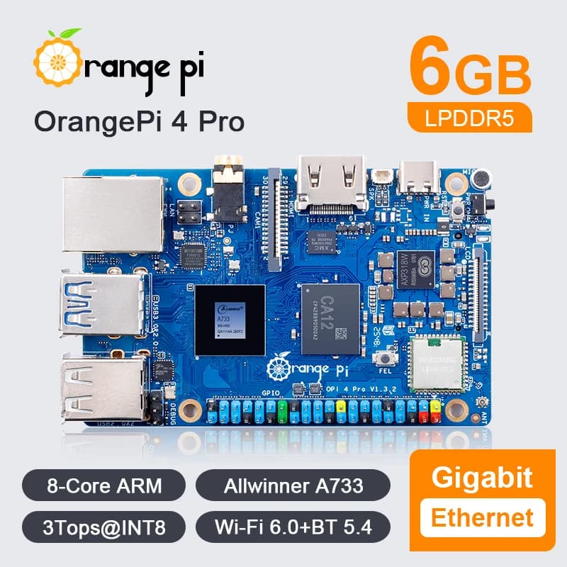 Orange Pi 4 Pro 6GB RAM DDR5 Allwinner A733 Mini PC WiFi6 + Bluetooth M.2 PCIE SSD double MIPI-CSI 3