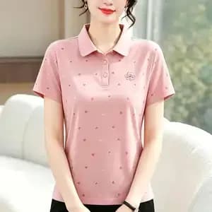 Polo d'été pour femmes matures, imprimé cœur, broderie florale, manches courtes, élégant et décontra