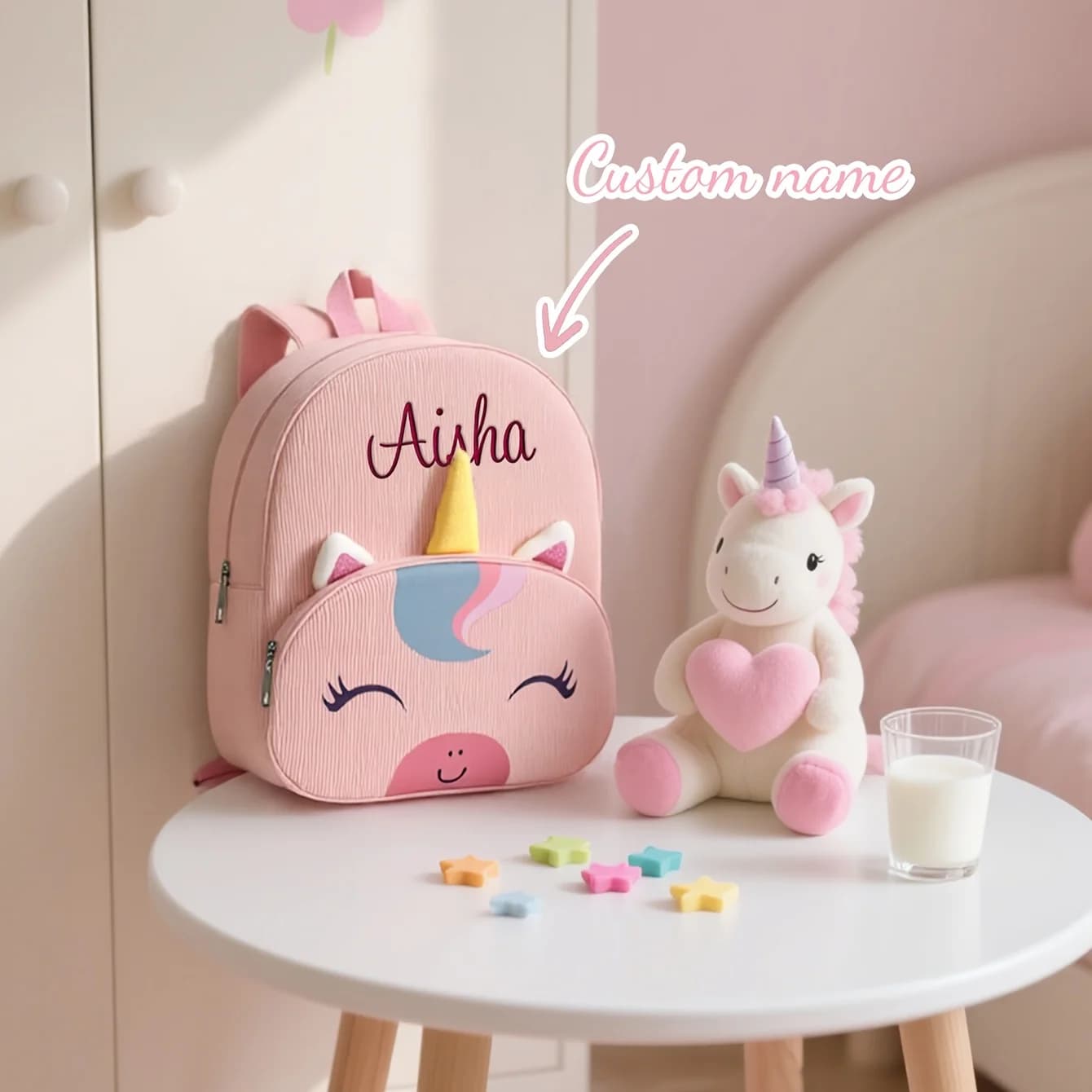Sac à dos personnalisé licorne pour enfants | Dessin animé mignon, brodé | Cadeau d'hiver de Noë