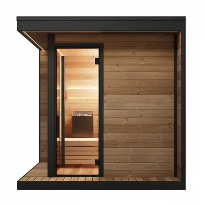 Sauna traditionnel en bois noir personnalisé pour l'extérieur avec un design de véranda avant