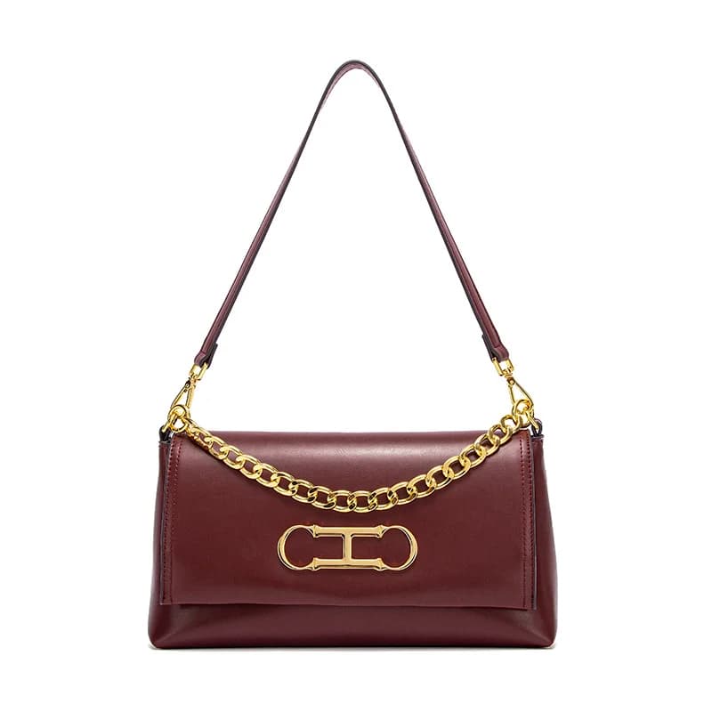 Sac à rabat en cuir de luxe CH, gaufrage premium, chaîne métallique brillante, fermeture éclair liss