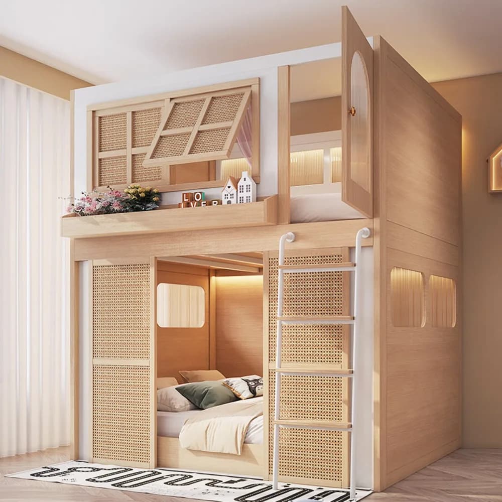 Lit superposé avec zones d'intimité séparées pour frère et sœur, lit double pour adultes, lit superp