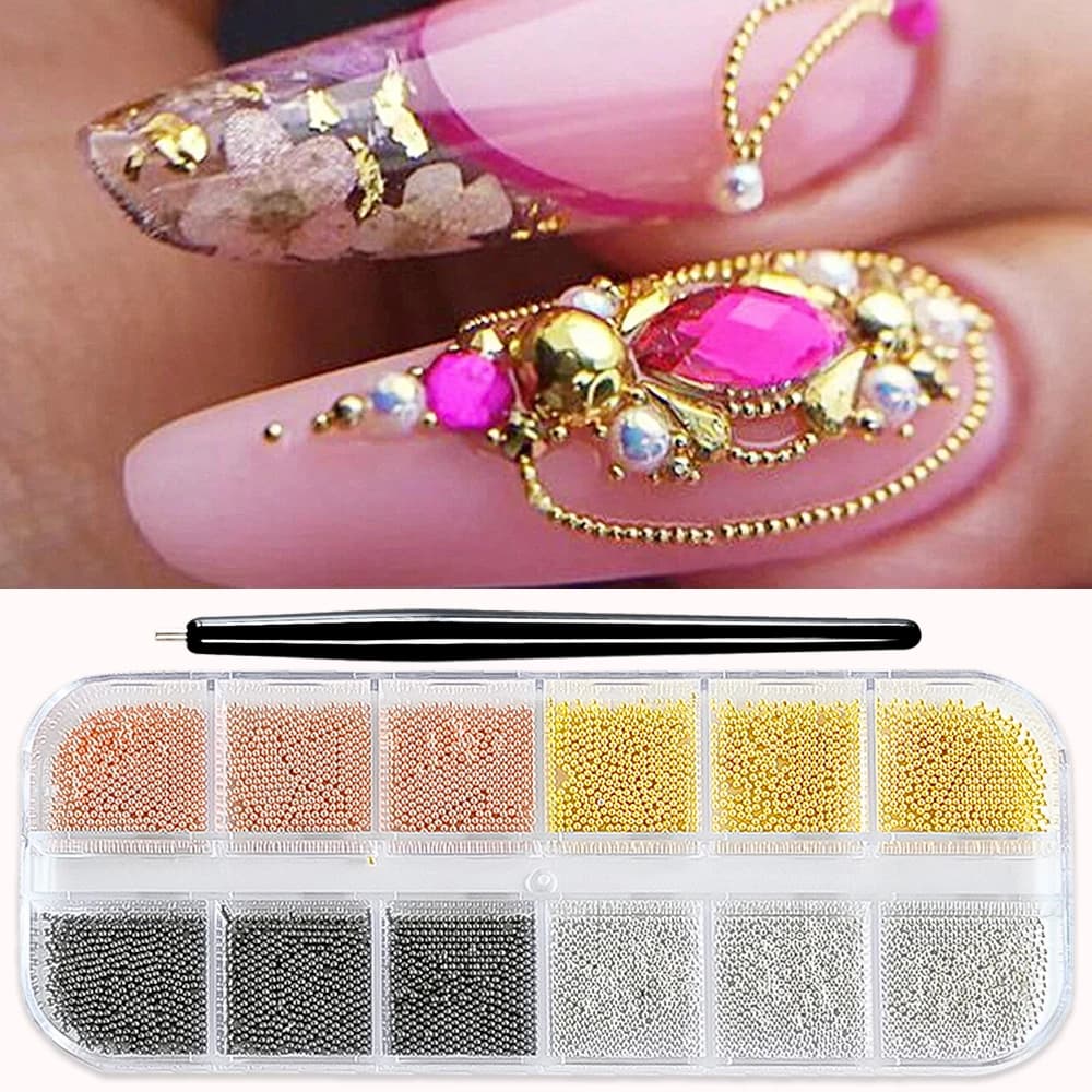 Mini perles de Caviar or/argent à 12 grilles, décorations Nail Art, Micro boules en métal, breloque