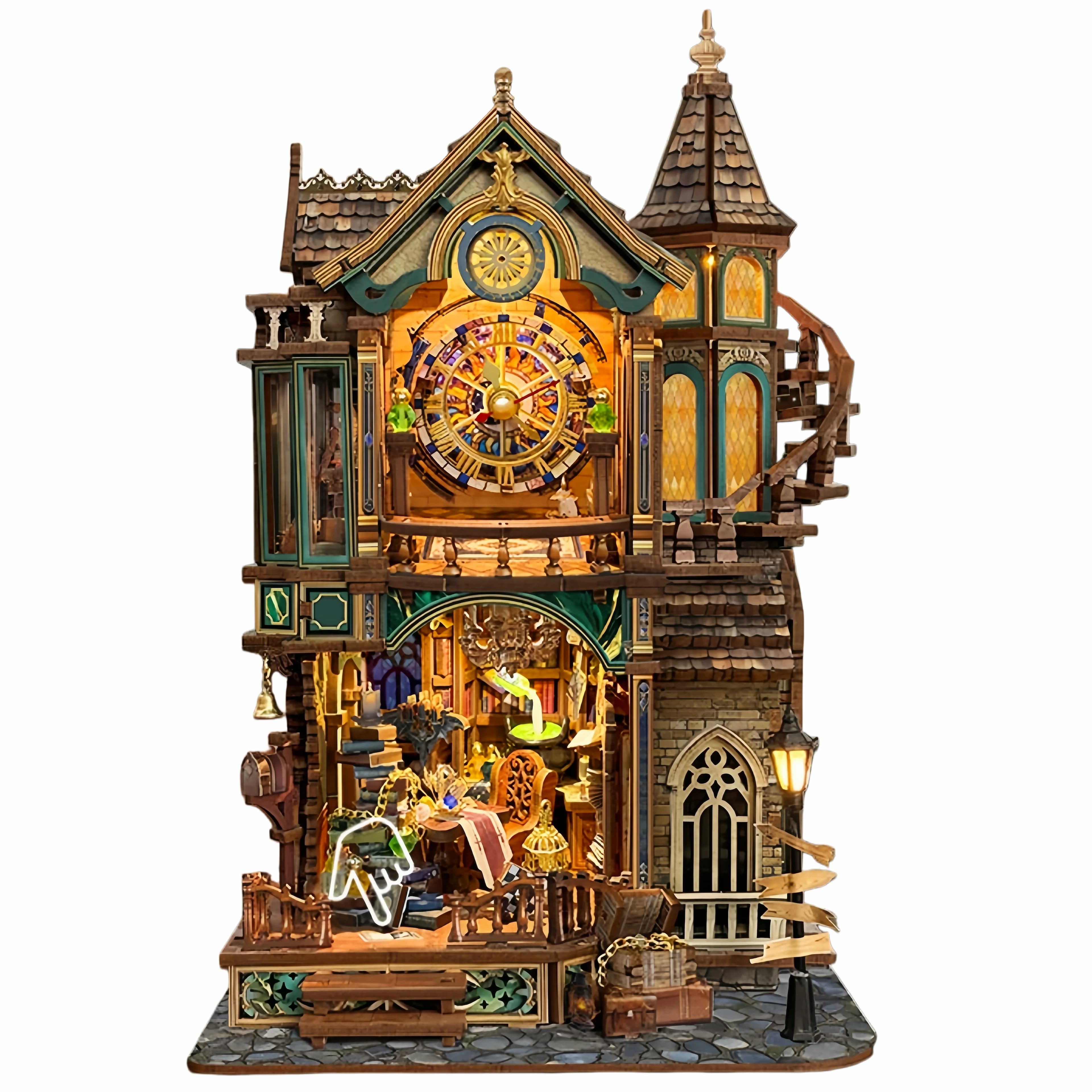 Kit de construction de niche à livres Tour d'Horloge Magique, Kits de maisonnettes rétro avec figuri