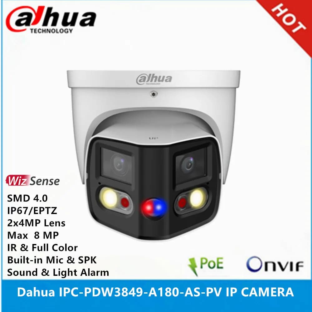 Dahua IPC-PDW3849-A180-AS-PV 2x4MP objectif max 8MP POE EPTZ SMD micro intégré et SPK TiOC IR et cam