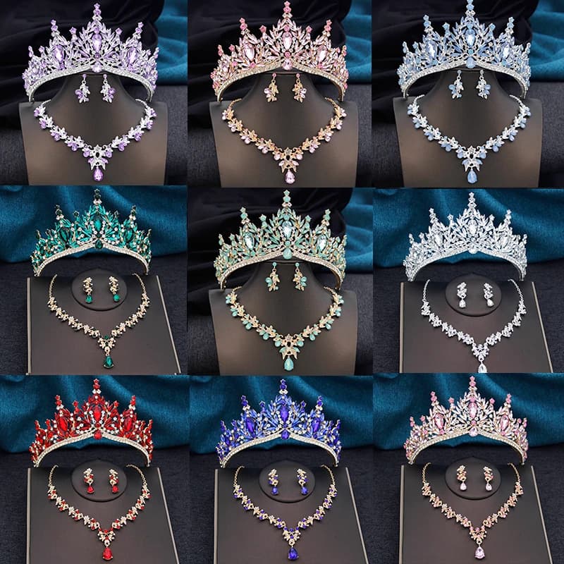 Diadèmes et couronnes avec collier et boucles d'oreilles pour femmes et filles, ensembles de bijoux