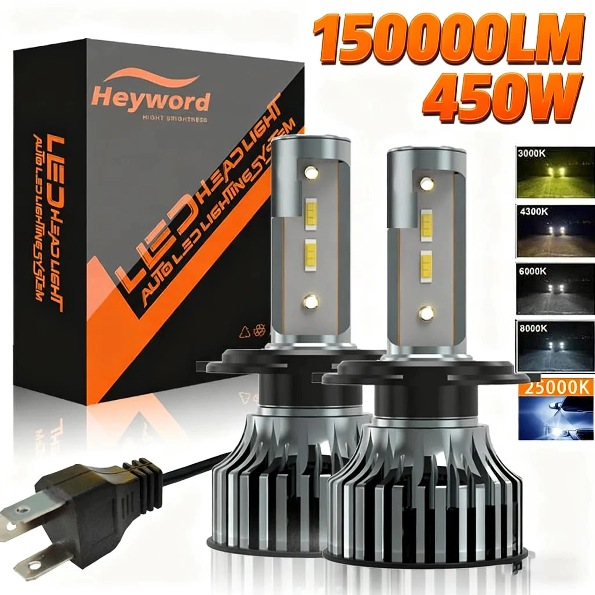 Phares LED de voiture Heyword 150000lm 450W avec puce CSP 1860, 3000k/4300k/6000k/8000k, phares LED