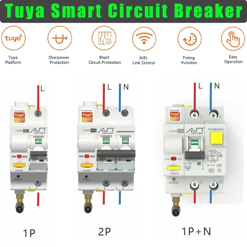Disjoncteur WIFI Tuya 230V 16A 32A 60A, télécommande Smart Life, Protection contre les courts-circui