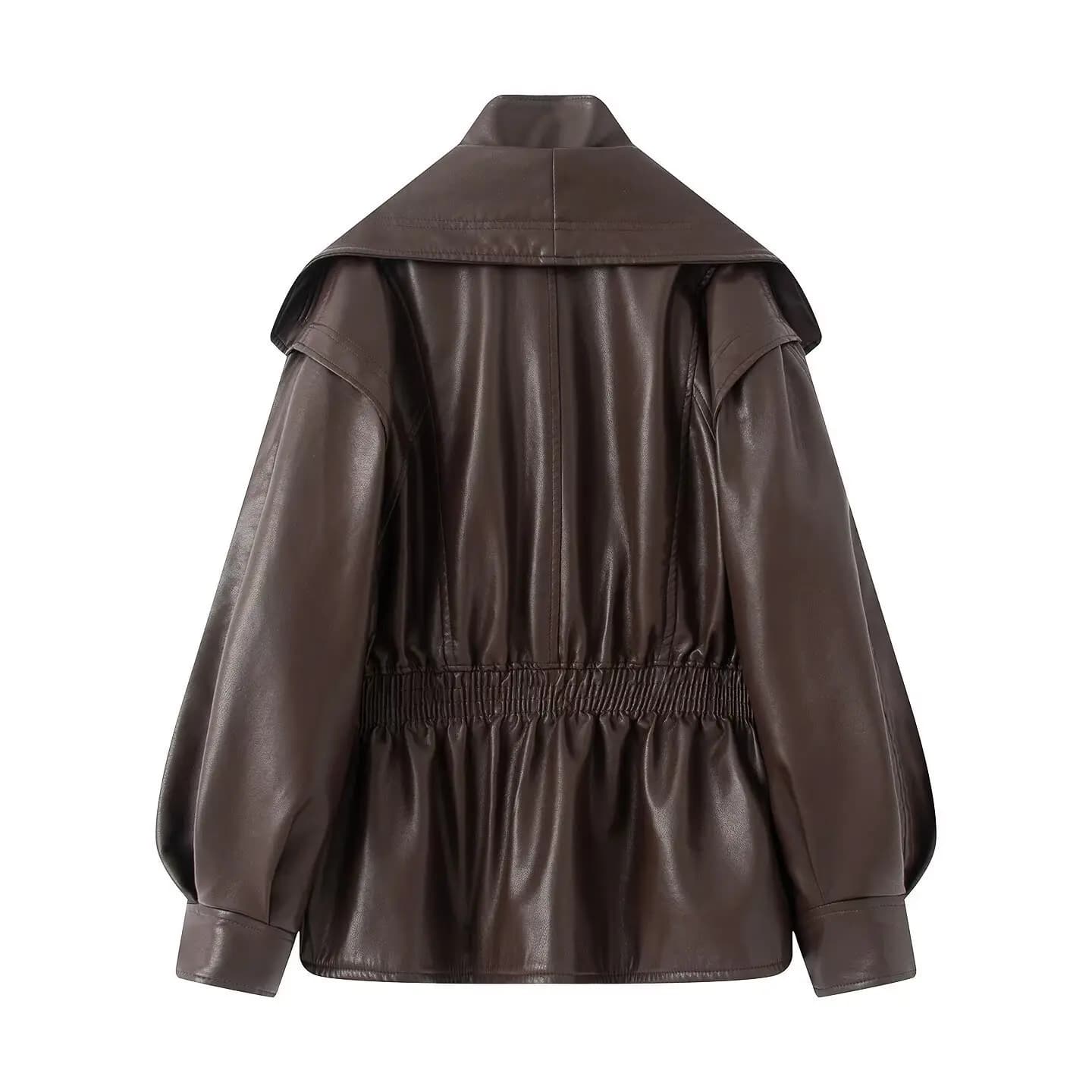 Veste en cuir Pu pour femme, manteau chaud marron avec fermeture éclair, décontracté, revers, taille