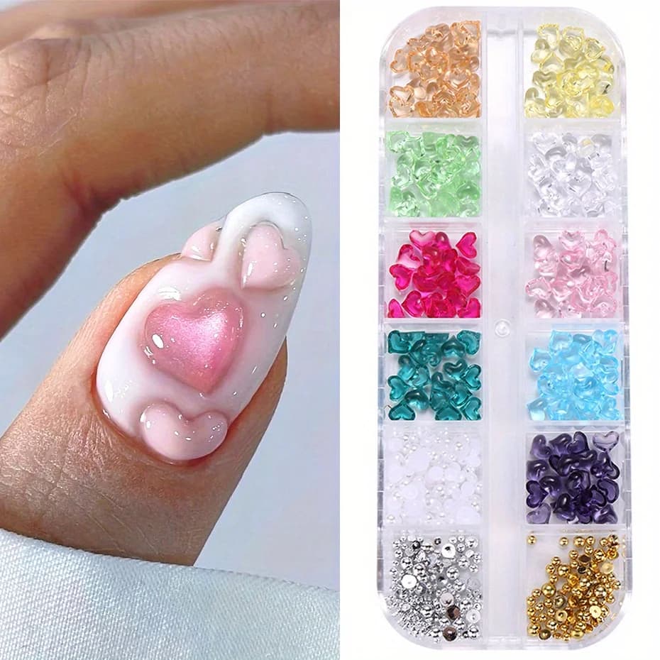 12 grilles en forme de cœur pour Nail Art, breloques transparentes en forme de cœur d'amour, bijoux