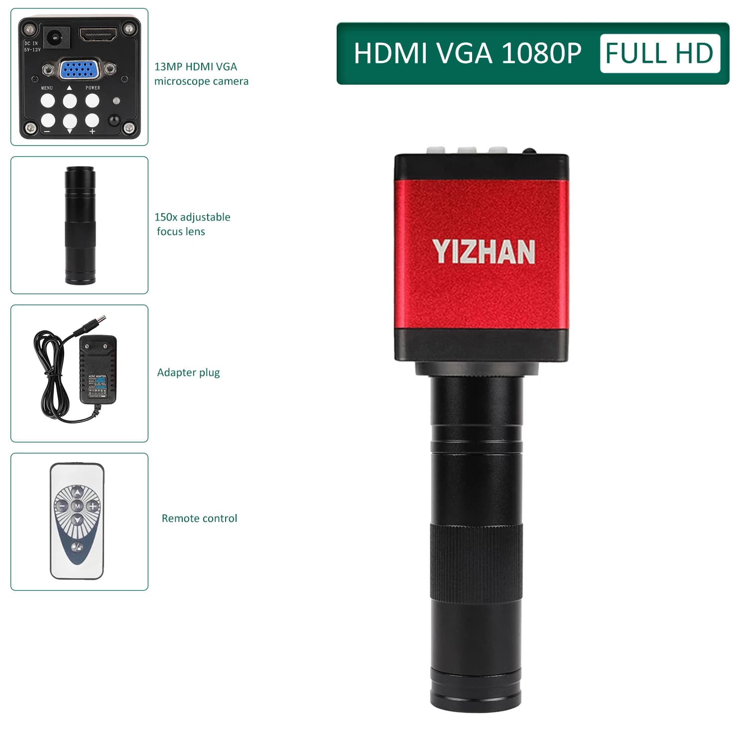 YIZHAN 13MP Full HD HDMI caméra Port VGA Microscope industriel Zoom 150X lentille réglable bras en m