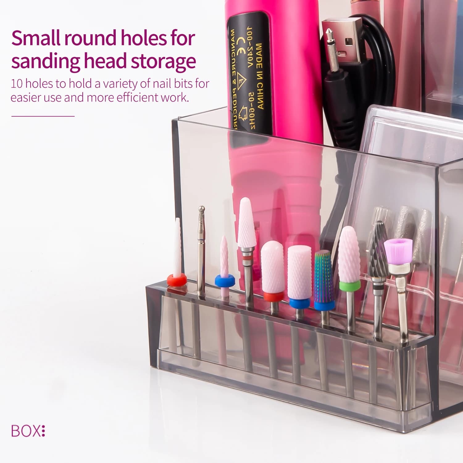 Perceuse à ongles translucide, organisateur de produits pour ongles, fournitures, embouts à ongles,
