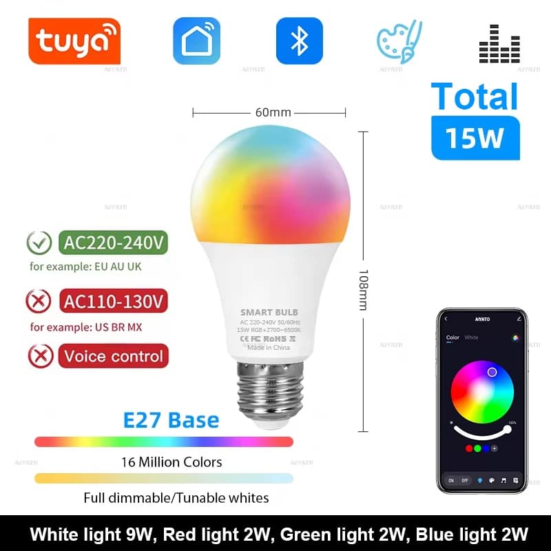 Tuya – ampoule LED Bluetooth, variable 15W 18W E27 B22 220V RGBCW, lampes à changement de couleur, a