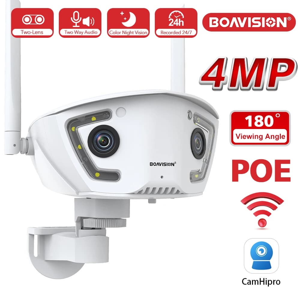 Caméra de surveillance Wifi extérieure 4MP POE double objectif 180 ° Caméra de sécurité à détectio