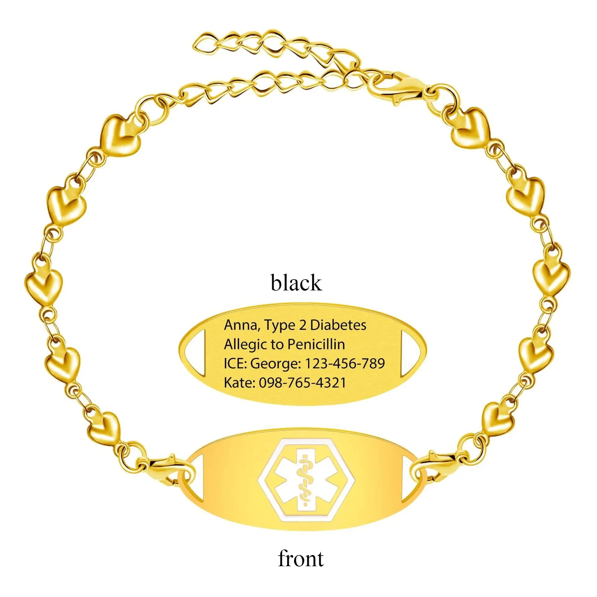 Bracelets d'alarme médicale pour femmes, en acier inoxydable, réglables, pour situations d'urgence,