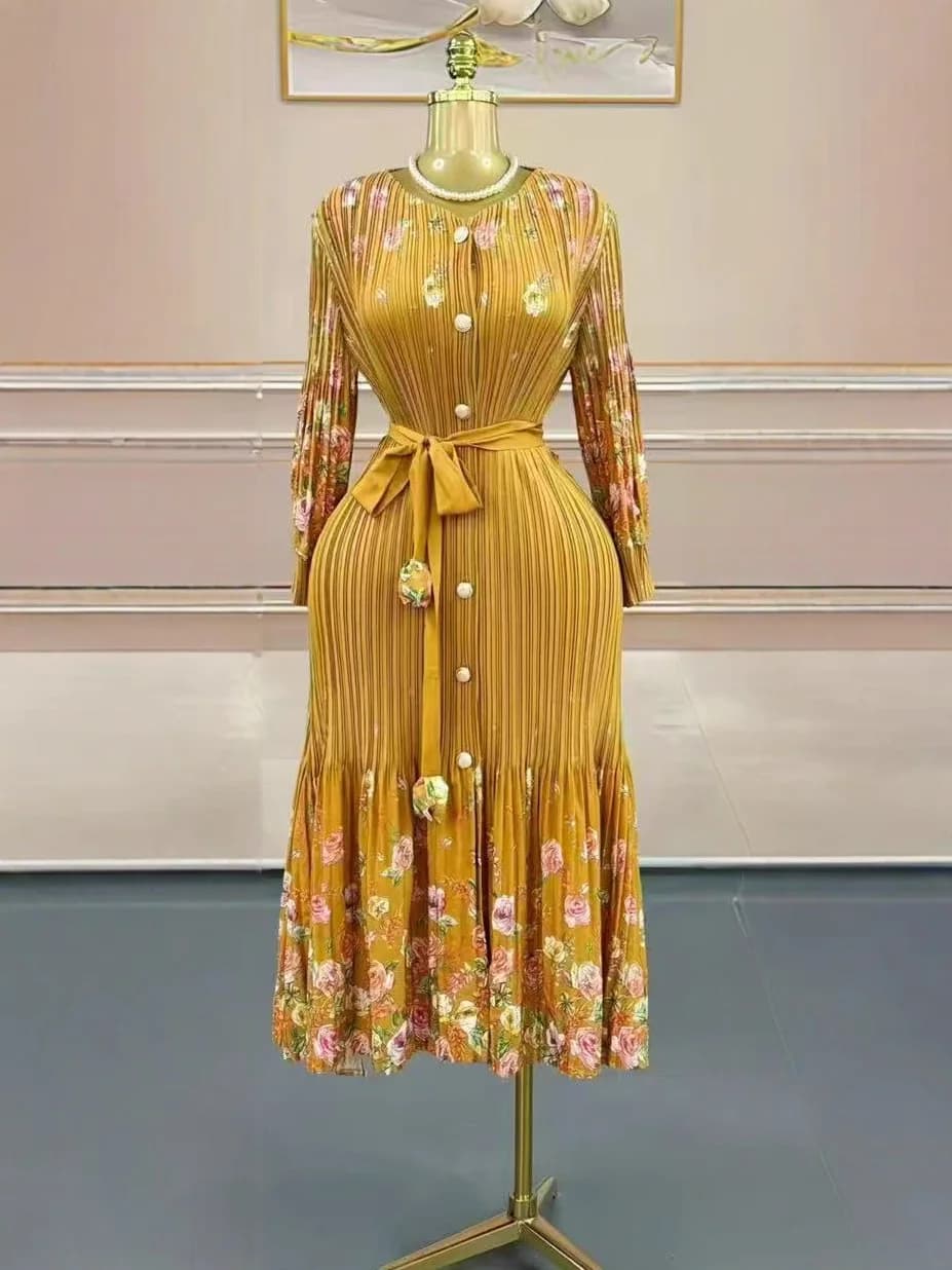 Miyake – robe imprimée à boutons, tempérament, ample, coupe cintrée, longueur moyenne, vêtements pou