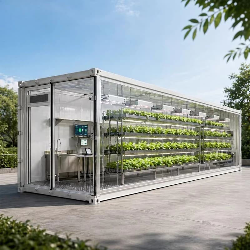 Système de culture hydroponique en conteneur commercial pour laitues, légumes-feuilles et légumes ve