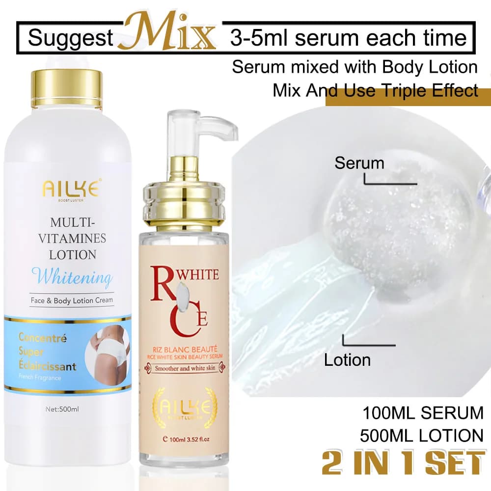 AILKE Lotion pour le corps blanchissante multi-vitamines avec vitamines A,E,B3,B5, augmente l'éclat