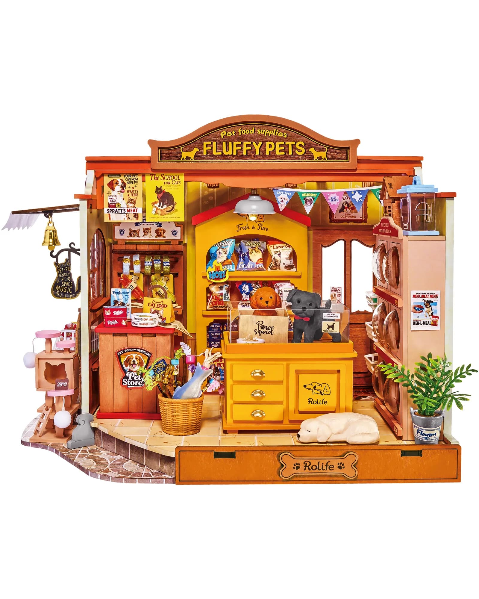 Robotime Fluffy Friends Store Pet Shop Miniature Cozy DIY Dollhouse Kit, modèle en bois détaillé, ca