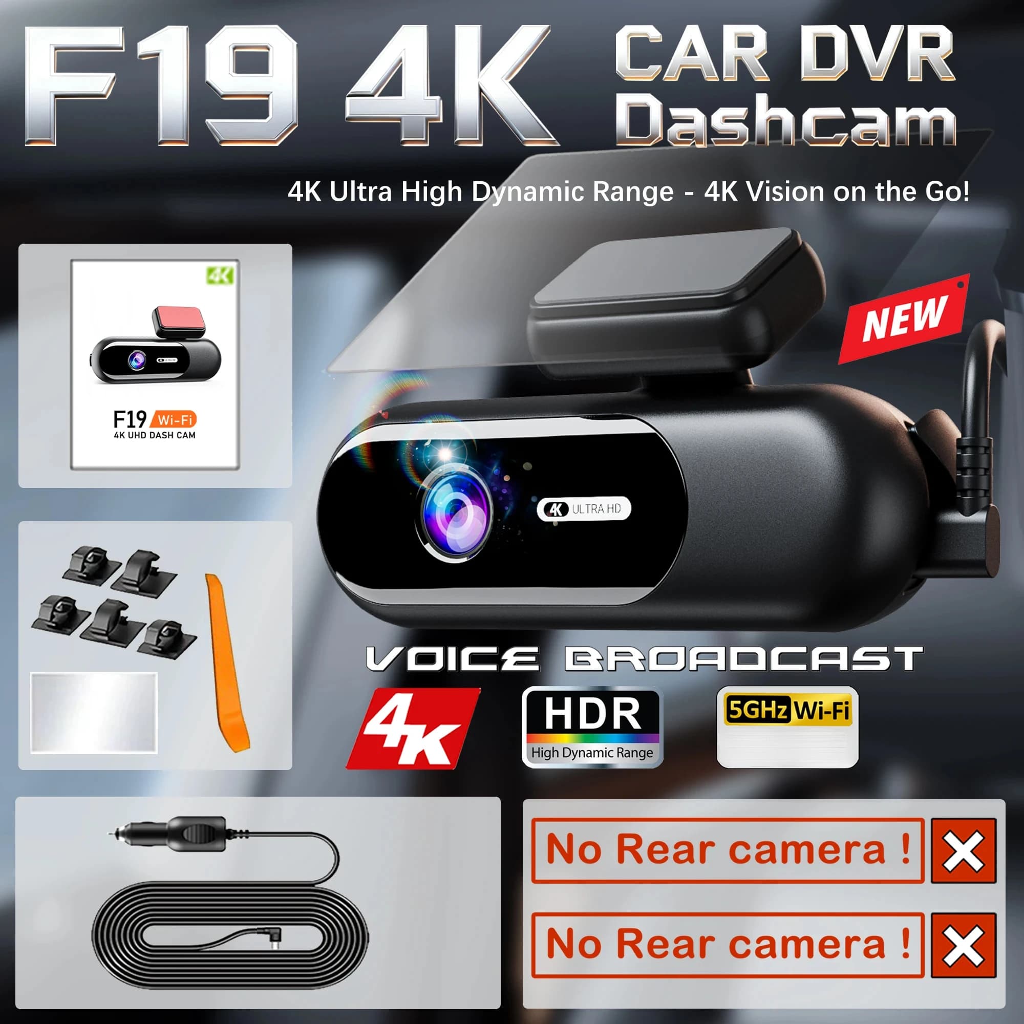 Caméra embarquée pour voitures, enregistrement 4K UHD, caméra avant et arrière, vision nocturne HDR,