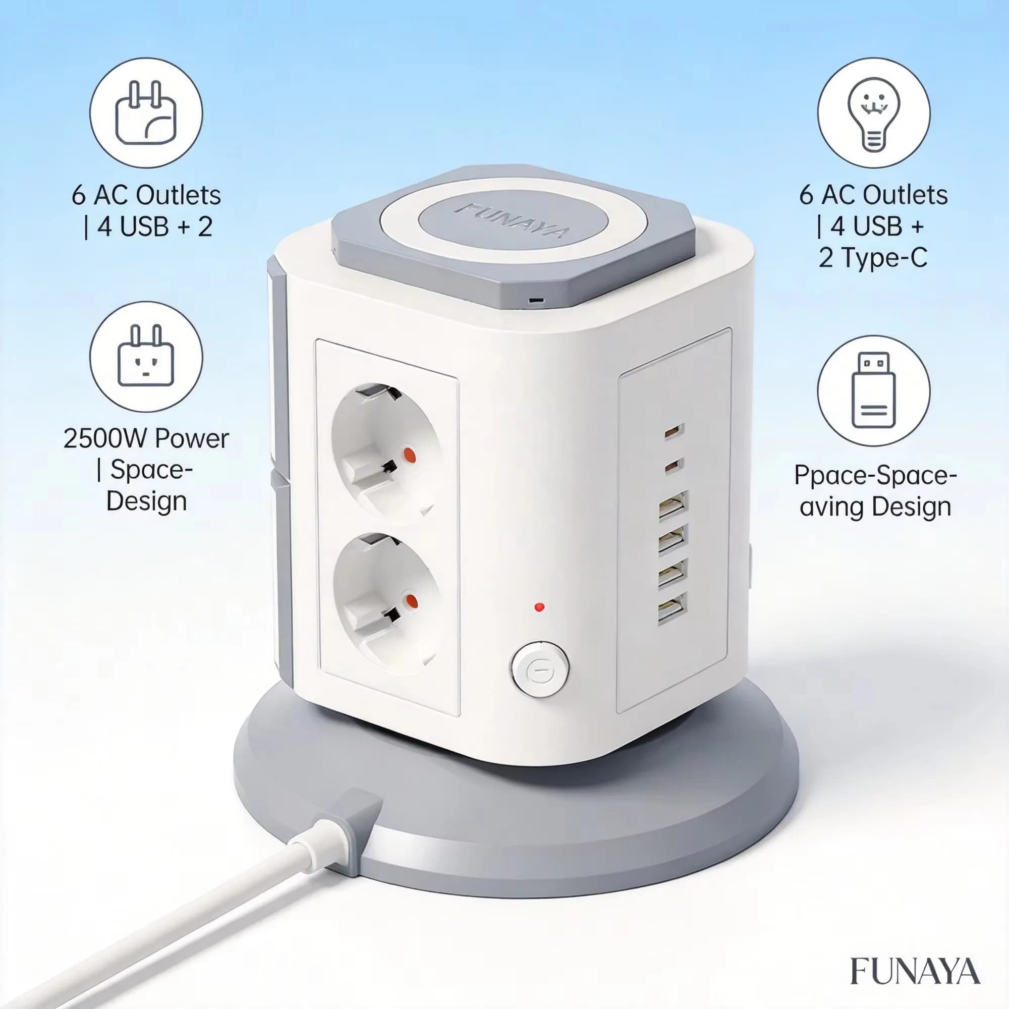 Multiprise verticale multi-prises EU 12 prises avec ports USB, protection contre les surtensions, pr
