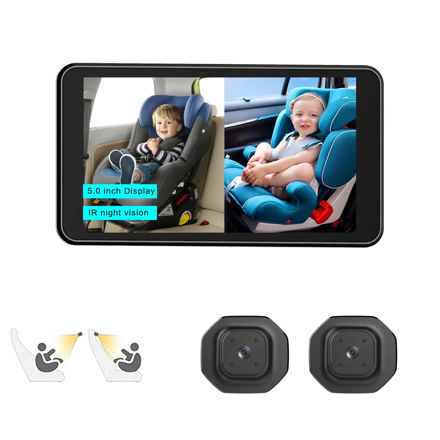 Moniteur de voiture pour bébé avec écran 5 pouces, caméra double objectif orientée vers l'arrière, i