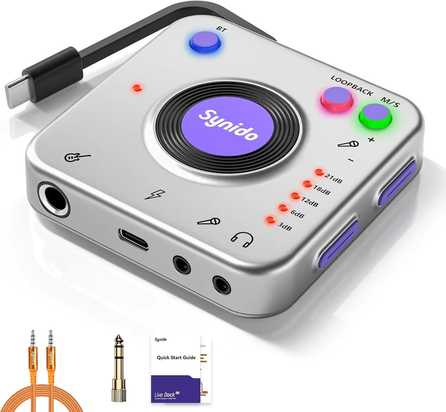 Adaptateur audio Synido Live Dock A20 avec USB-C, enregistrement musical, interface audio portable p