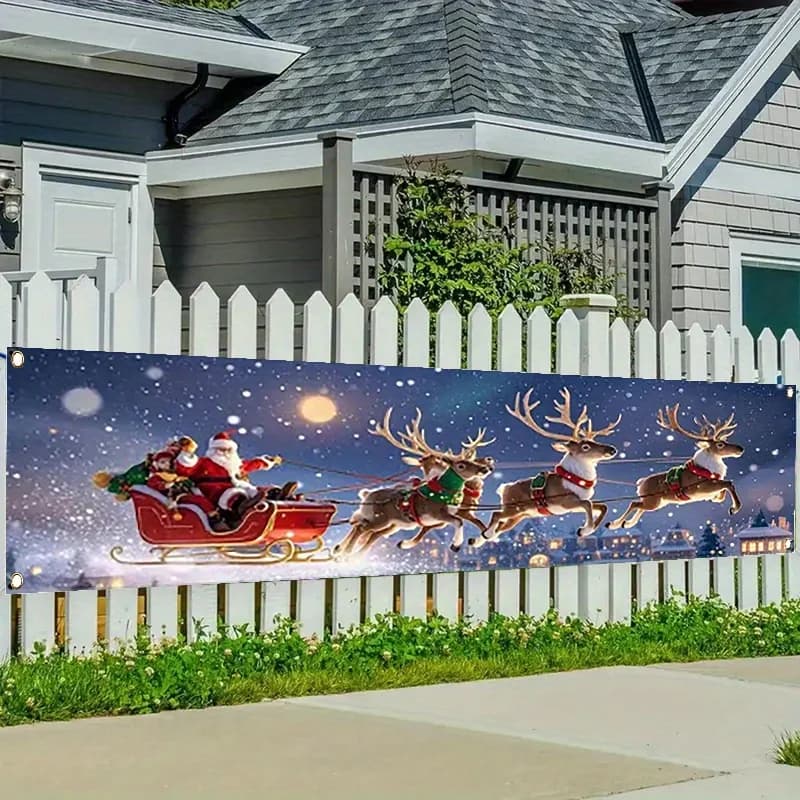 Un bannière en polyester pour traîneau du Père Noël, avec traîneau du Père Noël et des renne, adapté